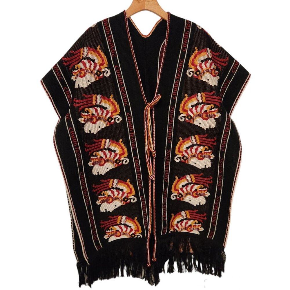 Vintage 1970s Knit Cuauhtemoc Cardigan Poncho‎ Cape Sweater Aztec Boho Fringed